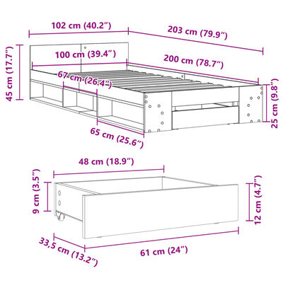 vidaXL Sängram med låda grå sonoma 100x200 cm konstruerad trä