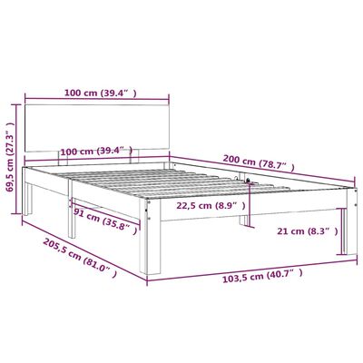 vidaXL Sängram honungsbrun massiv furu 100x200 cm