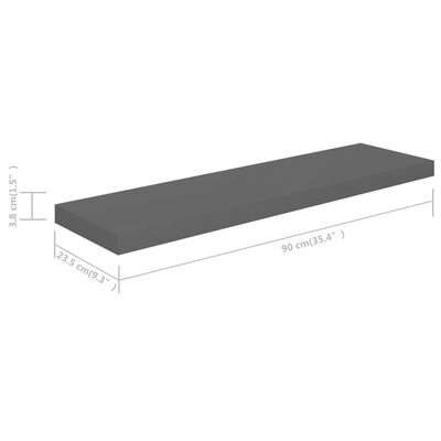 vidaXL Svävande vägghylla grå högglans 90x23,5x3,8 cm MDF