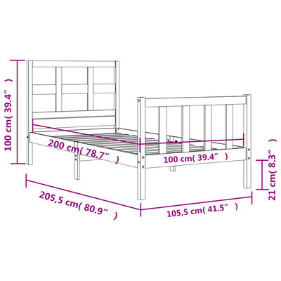 vidaXL Sängram med huvudgavel vit 100x200 cm massivt trä