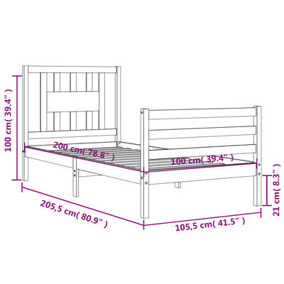 vidaXL Sängram med huvudgavel svart 100x200 cm massivt trä