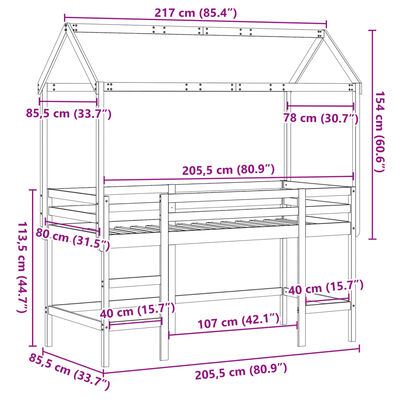 vidaXL Våningssäng med stege och tak 80x200 cm massiv furu