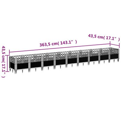 vidaXL Odlingslåda med piggar svart 363,5x43,5x43,5 cm PP