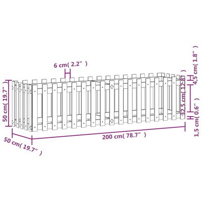 vidaXL Odlingslåda med staket-design 200x50x50 cm impregnerad furu