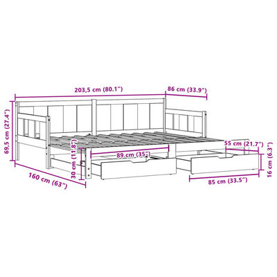 vidaXL Utdragbar dagbädd med lådor 80x200 cm massiv furu