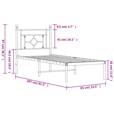 vidaXL Sängram med huvudgavel metall svart 80x200 cm