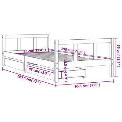 vidaXL Sängram med lådor för barn 90x190 cm massiv furu