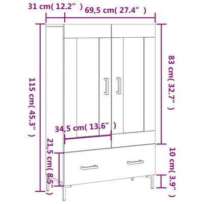 vidaXL Högskåp vit 69,5x31x115 cm konstruerat trä