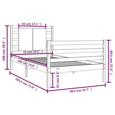 vidaXL Sängram massivt trä 75x190 cm