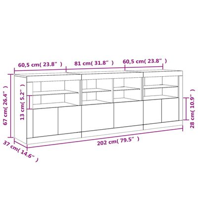 vidaXL Skänk med LED-belysning vit 202x37x67 cm