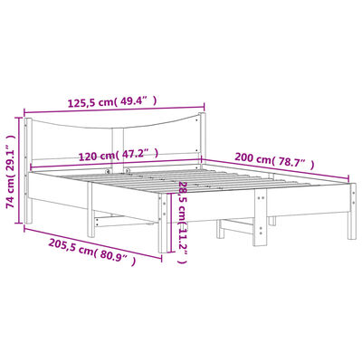 vidaXL Sängram utan madrass vaxbrun 120x200 cm massiv furu