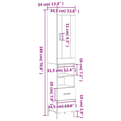 vidaXL Högskåp vit högglans 34,5x34x180 cm konstruerat trä