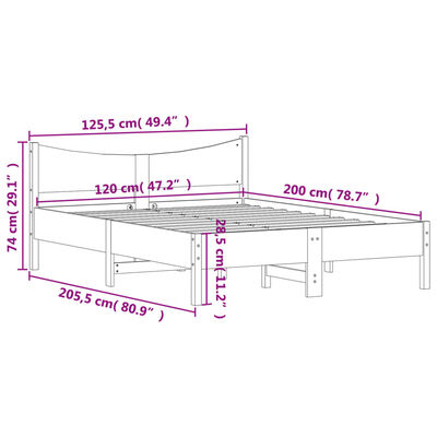 vidaXL Sängram utan madrass vit 120x200 cm massiv furu