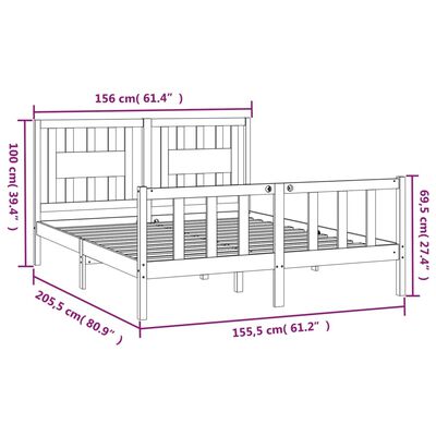 vidaXL Sängram med huvudgavel massiv furu 150x200 cm