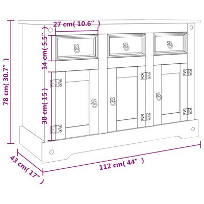 vidaXL Skänk Corona grå 112x43x78 cm massiv mexikansk furu