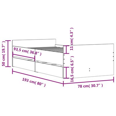 vidaXL Sängram med lådor vit 75x190 cm