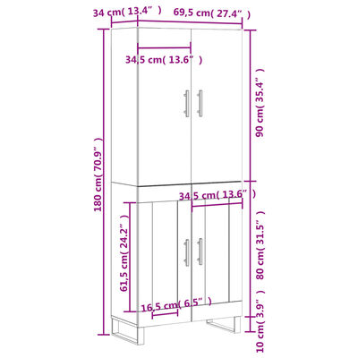 vidaXL Högskåp vit 69,5x34x180 cm konstruerat trä