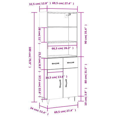 vidaXL Högskåp vit 69,5x34x180 cm konstruerat trä