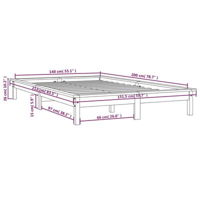 vidaXL Sängram honungsbrun 140x200 cm massiv furu