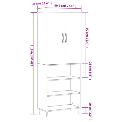 vidaXL Högskåp vit 69,5x34x180 cm konstruerat trä