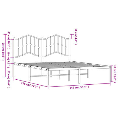 vidaXL Sängram med huvudgavel metall vit 135x190 cm