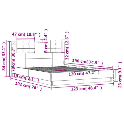 vidaXL Sängram med huvudgavel rökfärgad ek 120x190 cm konstruerat trä