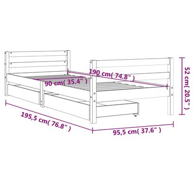 vidaXL Sängram med lådor för barn 90x190 cm massiv furu