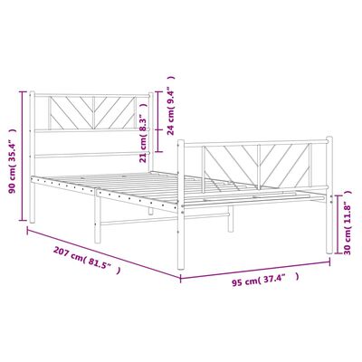 vidaXL Sängram med huvudgavel och fotgavel vit metall 90x200 cm