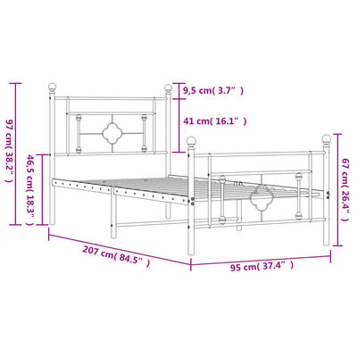 vidaXL Sängram med huvudgavel och fotgavel svart metall 90x200 cm