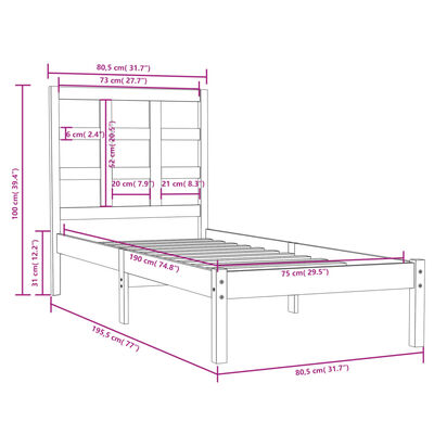 vidaXL Sängram massivt trä 75x190 cm