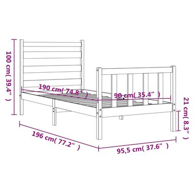 vidaXL Sängram med sänggavel vit 90x190 cm massivt trä