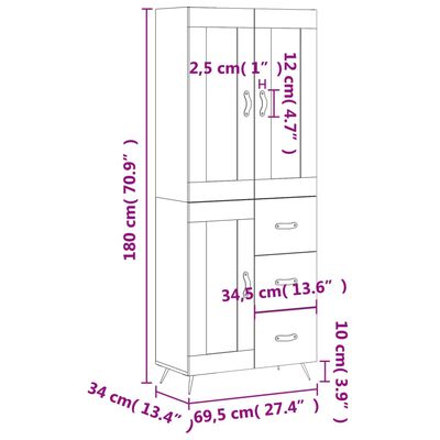 vidaXL Högskåp högglans vit 69,5x34x180 cm konstruerat trä