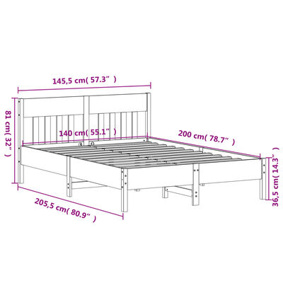 vidaXL Sängram utan madrass vit 140x200 cm massiv furu