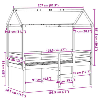 vidaXL Hög säng med tak vaxad brun 75x190 cm massiv furu