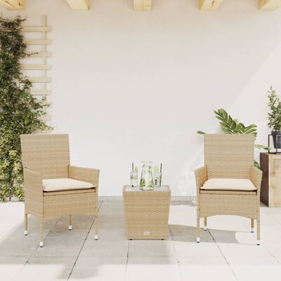 vidaXL Bistrogrupp med dynor 3 delar beige konstrotting och glas