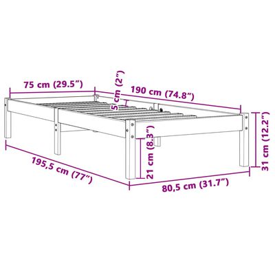 vidaXL Sängram utan madrass vaxbrun 75x190 cm massiv furu