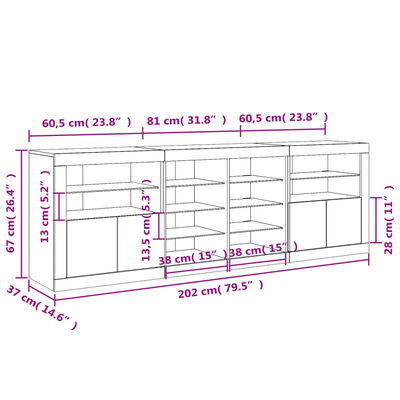 vidaXL Skänk med LED-belysning vit 202x37x67 cm