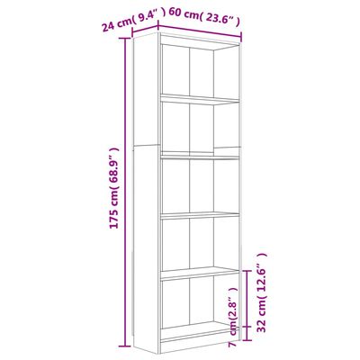 vidaXL Bokhylla 5 hyllor brun ek 60x24x175 cm konstruerat trä