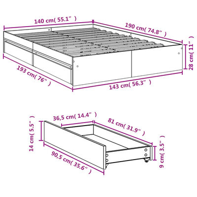 vidaXL Sängram med lådor rökfärgad ek 140x190 cm konstruerad trä