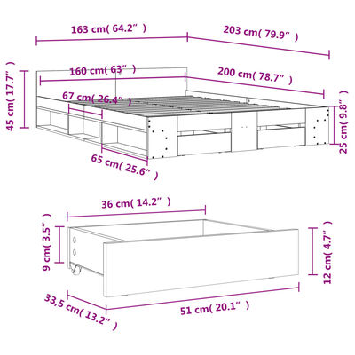 vidaXL Sängram med lådor sonoma-ek 160x200 cm konstruerat trä