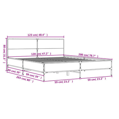 vidaXL Sängram brun ek 120x200 cm konstruerat trä och metall