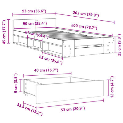 vidaXL Sängram med låda sonoma-ek 90x200 cm konstruerat trä