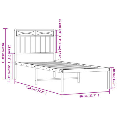 vidaXL Sängram utan madrass med huvudgavel metall vit 75x190 cm