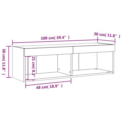 vidaXL Tv-bänk med LED-belysning rökfärgad ek 100x30x30 cm