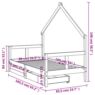 vidaXL Sängram med lådor för barnsäng vit 80x160 cm massiv furu