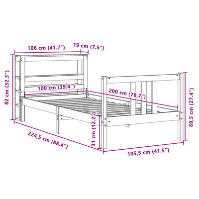 vidaXL Sängram med huvudgavel vit 100x200 cm massiv furu