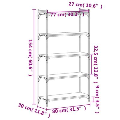 vidaXL Bokhylla 5 hyllplan brun ek 80x30x154 cm konstruerat trä