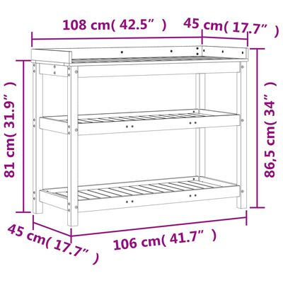 vidaXL Växtbord med hylla 108x45x86,5 cm massiv furu