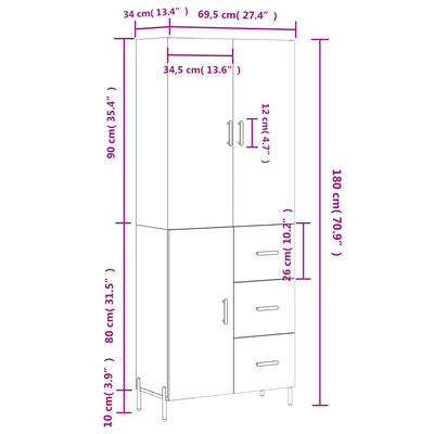 vidaXL Högskåp vit 69,5x34x180 cm konstruerat trä