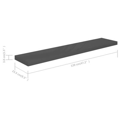 vidaXL Svävande vägghyllor 2 st grå högglans 120x23,5x3,8 cm MDF